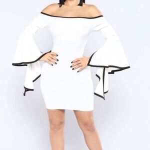 Valentine Off the Shoulder Ivory Dress with Black Trim. Ruffle Bell Sleeve. Sz S